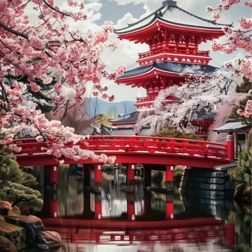 Semneroy Cherry Blossoms Flower Diamond Painting Kits for Adult Beginners, Traditional Architecture Diamond Art Kits,Full Drill Paint with Diamond Dot Gem Art Painting for Home Decor 12x16 inch