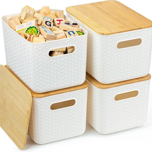 4 Packs Storage Bins with Bamboo Lids - Plastic Storage Containers with Lids Stackable Storage Box：Storages Baskets for Organizing Desktop Closet Playroom Classroom Office,White