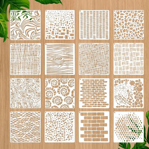 1 16 Pcs Paint Stencils for Crafts Reusable Wall Stencils for Painting, Texture Mixed Brick Stencil, Art Painting on Wood Wall Canvas Template for DIY Canvas Scrapbooking Card Making (6 X 6 Inch)