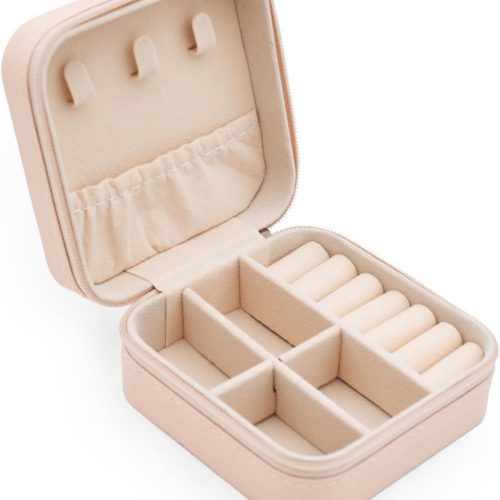 1 MODENGKONGJIAN Mini Jewelry Travel Case, PU Leather Organizer Box, Small Portable Jewellery Storage Holder for Womens Rings Earrings Necklaces Bracelets (Pink)