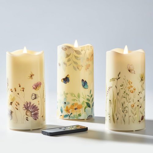 1 Eywamage Fiber Optic Flameless Candles Set of 3, Butterfly Floral Candles Battery Operated, LED Pillar Candles with Remote Φ 3" H 6"