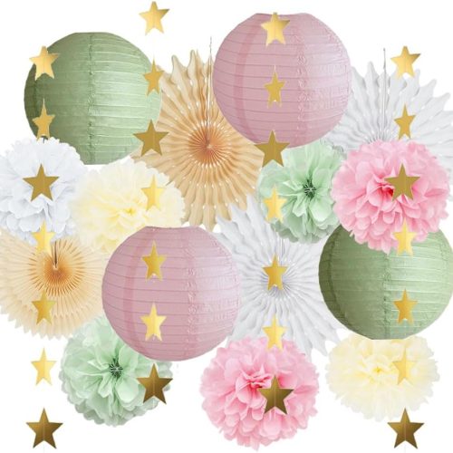 Sage Green and Pink Party Decorations Paper Lanterns Decorative Pink Gold Tissue Paper Pom Poms Sage Green Party Decorations Gold Star Garland for Baby Shower Bridal Shower Birthday Wedding Engagement