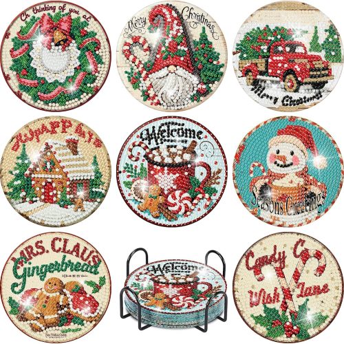 1 Canrichshop 8 Pcs Diamond Paintings Coasters Kits Set,Christmas Diamond Art Painting Kits,Retro Diamond Art Kit Coasters with Holder,5D DIY Full Drill Diamond Painting for Beginners