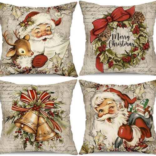 1 DFXSZ Christmas Pillow Covers 18x18 inch Set of 4 Santa Claus Reindeer Decorative Vintage Throw Pillow Covers Winter Retro Farmhouse Decoration for Home Couch BTHZ-140B18
