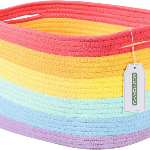 Cotton Rope Storage Basket, 15x10x9 Inches, Woven Basket for Shelves, Clothes, Toys, Towels, Books, and Laundry, Durable and Stylish, Rainbow (1 Pack)