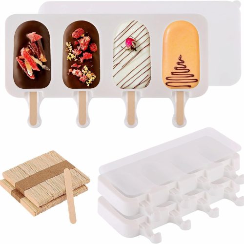 1 3 Set Popsicles Molds with Lids and 100 Pcs Wooden Popsicles Sticks, Standard Size 4 Cavities Silicone Ice Pop Molds for Making Cakesicles, Cake Pops, Ice Cream - BPA Free