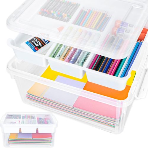 1 17 QT Craft Organizers and Storage with Removable Tray, Stackable Plastic Storage Box with Lid, Clear Art Storage Container for Organizing Bead, Tool, Sewing, Playdoh