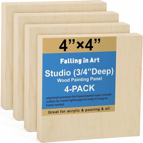 1 Unfinished Birch Wood Panels Kit for Painting, Wooden Canvas 4 Pack of 4x4’’ Studio 3/4’’ Deep, Cradle Boards for Pouring, Art, Crafts, Burning and More
