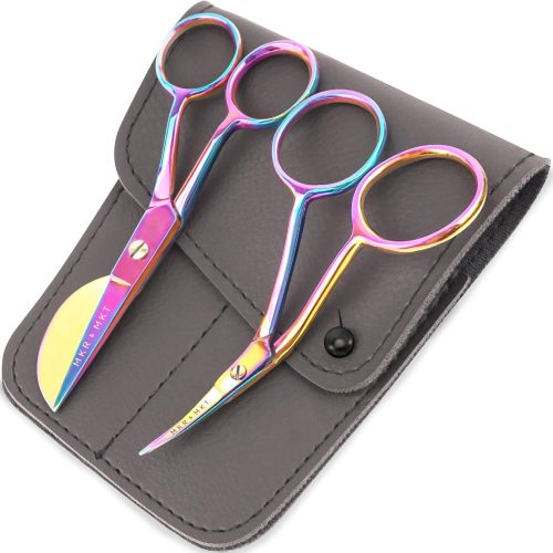 1 Small Embroidery 4.5 Inch Scissors Set of 2 Kit - Mini Double Bend Offset Duckbill and Double Bend Long Applique Needlepoint Blade with Pouch Sleeve (Rainbow)