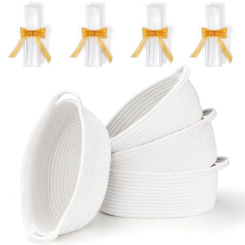 4 Pack Small Woven Basket with Handles, All 12"x 8"x 5", Cotton Rope Room Shelf Storage Basket, Cat Toys, Cute Baby Gift Basket with Gift Bags and Ribbons for Nursery, Empty Decorative Gift Chest Box