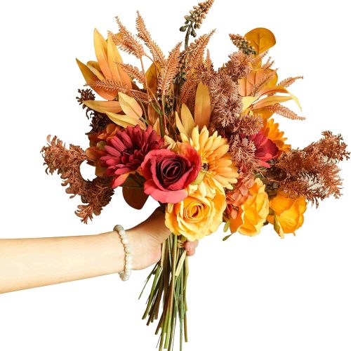 1 2pcs Boho Style Artificial Flower Bouquets,17 Inch Bohemian Style Fall Flower Wedding Bouquets for Bridal Bridesmaid,Rustic Home Décor Centerpiece(Orange Color Scheme)