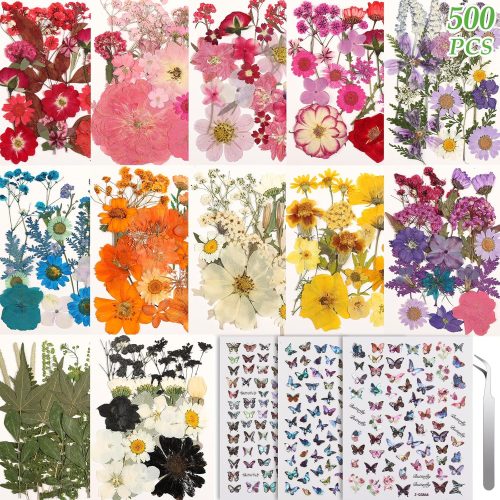 1 500 PCS Dried Flowers Butterfly Stickers for Crafts Real Natural Pressed Flowers Dry Leaves Kit for DIY Making Crafts Resin Soap Candle Scrapbook Supplies Card Making Jewelry