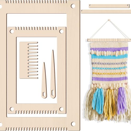 1 7 Pcs Weaving Loom Kit Small Weaving Loom for Adults Beginners Wooden DIY Arts and Crafts with Wooden Stick,Comb,Crochet Needle for Mother's Day Father's Day Birthday Gifts(Beige)