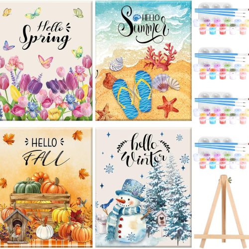 1 4 Pack Christmas Paint by Numbers Kit 7.9 x 9.8 Inch Snowman Themed DIY Canvas with Wooden Display Easel Brushes and Paints Seasonal Painting Home Decor for Beginners Christmas Gifts DIY Crafts