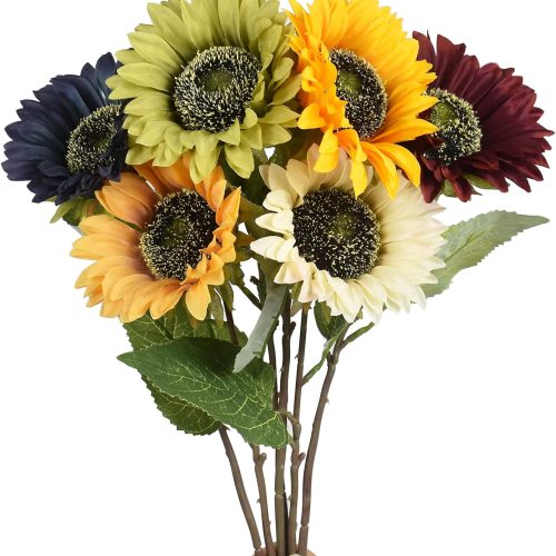 1 Multicolor Artificial Sunflower Flowers Long Stem Large Silk Sunflowers Bridal Wedding Bouquet 6pcs Fake Yellow Flower Arrangements for Outdoor