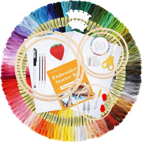 1 304 Pack Embroidery Kit, 200 Colors Threads, 5 Pcs Bamboo Embroidery Hoops, 2 Pcs Aida Cloth, Instructions, Bag and Cross Stitch Tools Set, Hand Embroidery Starter Kit for Beginners Adults
