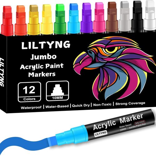 1 12 Colors Jumbo Markers, 10mm Jumbo Felt Tip, Acrylic Paint Pens Markers for Rock Painting, Poster, Stone, Ceramic, Glass, Wood, Canvas