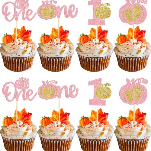 24 Pack Pumpkin 1st Birthday Cupcake Toppers Pink Glitter Pumpkin One First Birthday Party Cupcake Picks Decorations for Fall Theme Baby Shower Girls 1st Birthday Party Cake Decorations