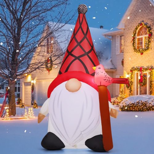COMIN 5 FT Tall Christmas Inflatables Outdoor Decorations Blow Up Xmas Little Red Bird and Gnomes with Built-in LEDs for Christmas Indoor Outdoor Yard Lawn Garden Decorations