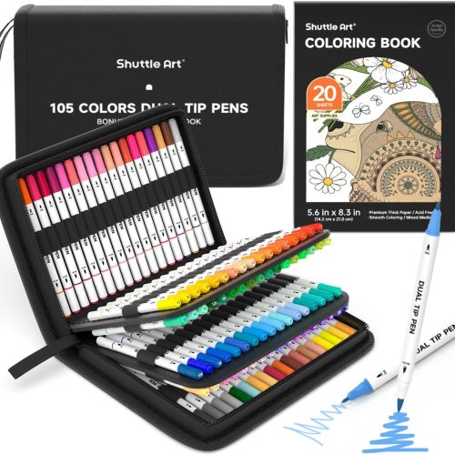 Dual Tip Brush Marker Pens, 105 Colors Fine and Brush Tip Markers Set in Portable Case with 1 Coloring Book for Kids, Water-based Ink Adult Artist Coloring Calligraphy Journal Doodling