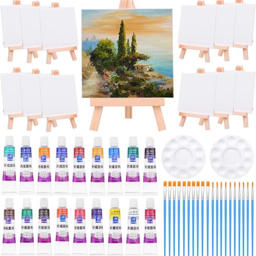 1 Mini Canvas and Easel, Paxcoo 60 Pieces Includes 4x4 Inches Small Tiny Painting Canvas, Mini Acrylic Paintbrushes for Paint and Sip Art Party Supplies