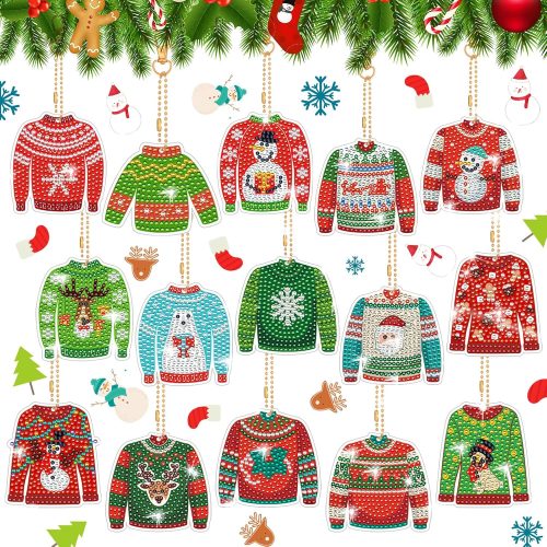 15 Pcs Christmas Diamond Painting Keychain Kits Ugly Sweater 5D DIY Diamond Art Pendants Double Sided Hanging Key Chains for Christmas Party Decoration