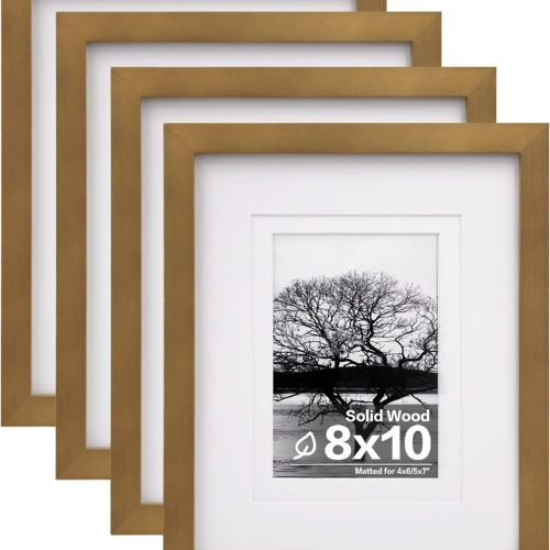 8x10 Picture Frames 4 Pack, for Pictures 4x6 or 5x7 with Mat Made of Solid Wood Covered by Plexiglass for Table Top Display and Wall Mounting Photo Frames, Light Brown