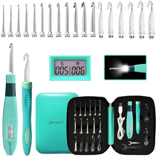 18 Size Counting Crochet Hooks with Light, Digital Counter Crochet Hooks Set with Case (2.0mm~14.0mm)