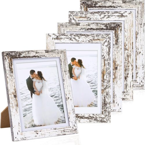 5x7 Picture Frames Set of 5 with Distressed White Wood Grain and HD Real Glass Cover, Vintage Photo Frames for Wall Decor Mounting and Tabletop Display