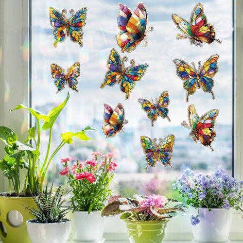 1 20pcs Window Decals for Bird Strikes, Anti Collision Window Clings, Rainbow Reflection Window Sticker, Butterfly Style Sun Catcher Stickers for Glass Windows