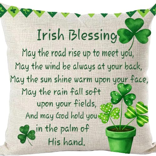 1 Happy St. Patrick's Day Green Potted Plant Clovers Heart Quote Irish Blessing Throw Pillow Cover Case Home Living Room Bed Sofa Car Cotton Linen Square 18 x 18 Inches