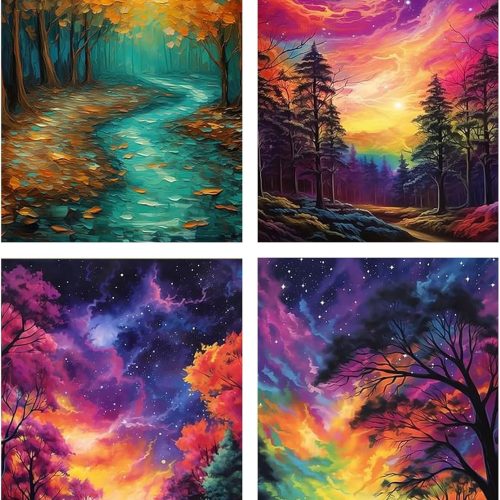 1 4Pack Landscape Diamond Art Kits for Adults, DIY 5D Round Full Drill Sunset Diamond Art Forest Scenery Perfect for Relaxation and Home Wall Decor 30x40cm