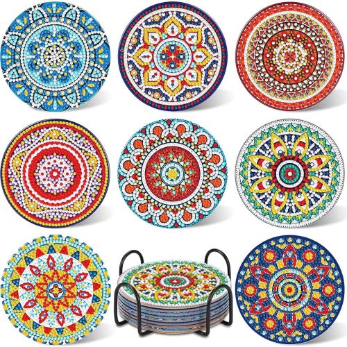 1 8Pcs Mandala Diamond Art Painting Art Coasters Kits with Holder, Diamond Art Non Slip Coaster Kits DIY with Holder Crafts for Adults Diamond Art Painting Kits Supplies for Christmas Gift