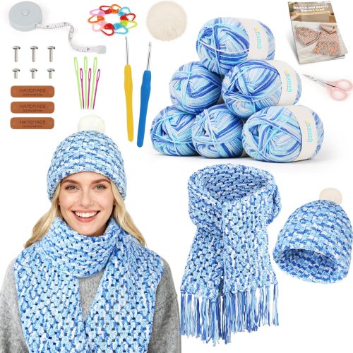 1 Crochet Kit for Beginner-Crochet Kit for Adults - Complete Set Learn to Crochet Hat, Scarf, Knitting Starter Kit with Step-by-Step Instructions 6 Crocheting Yarn (Blue)