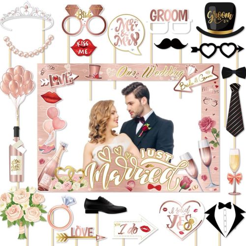 1 26 PCS Wedding Photo Booth Props and Photo Frames, Rose Gold Bride to Be Selfie Photo Booth Frame Props, Wedding Decoration Bachelorette Engagement Party Favor Supplies