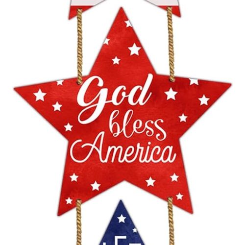 1 4th of July Decorations Patriotic Wreath Pentagram Hanging Decor 4th of July Wreaths for Front Door Wooden Front Door Decorations Memorial Day Fourth of July for Porch Wall Indoor Home Decor