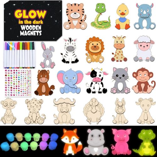 1 Wooden Magnets Painting Kit,Glow in The Dark DIY Jungle Safari Wooden Magnets, Woodens Art Craft Painting Kit for Glow in The Dark Party Supplies Goodie Bag Stuffers Birthday Gifts