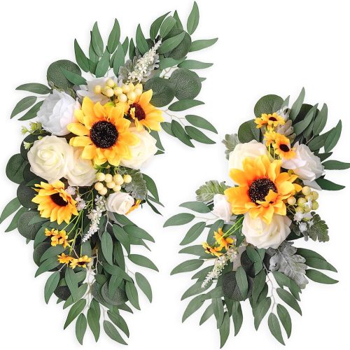 1 Artificial Sunflower Floral Swag Set of 2, Wedding Sign Flower Arrangements Rose Flower Swag for Wedding Welcome Ceremony Sign Background Arch Floral Decoration