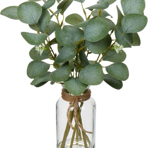 1 Artificial Eucalyptus Stems in Glass Vase with Faux Water, 14" Fake Plant Eucalyptus Leaves for Home Bathroom Office Farmhouse Wedding Centerpiece Décor
