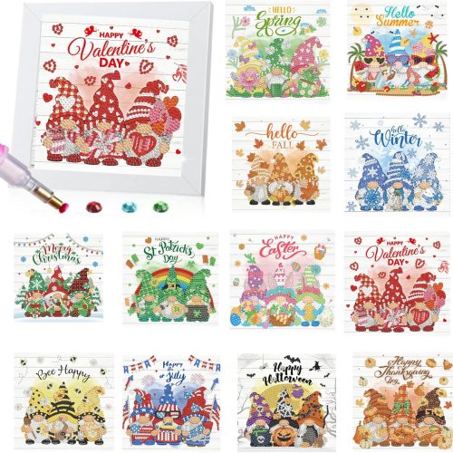1 13 Pcs Interchangeable Holiday Small Diamond Art Kits for Adults 5D Seasonal Diamond Painting Calendar 2026 with Frame for Holiday Table Decor Art Craft Gift(Gnome)
