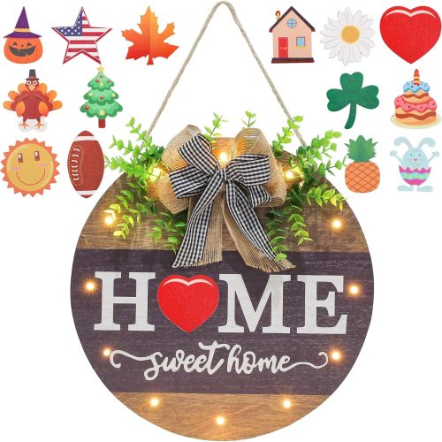 1 Interchangeable Welcome Sign for Front Door with 14 Changeable Icons, Farmhouse Front Porch Decor Rustic Wooden Wall Sign with 12 LED Lights, Outdoor Seasonal Welcome Home Decorations (Wood home1)