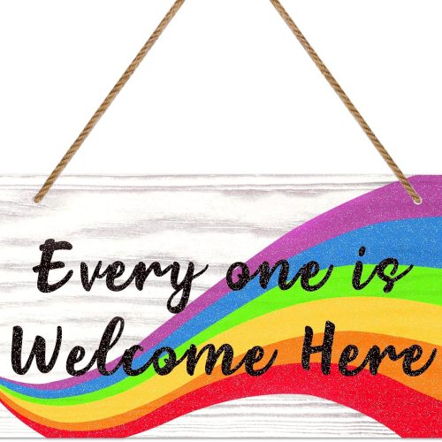 1 Everyone Is Welcome Here Door Sign - 6"x12" Rainbow Gay Lesbian Pride Welcome Sign Door Decorations LGBTQ Door Hanging Sign for Home School Office Party Wall Front Door Decor