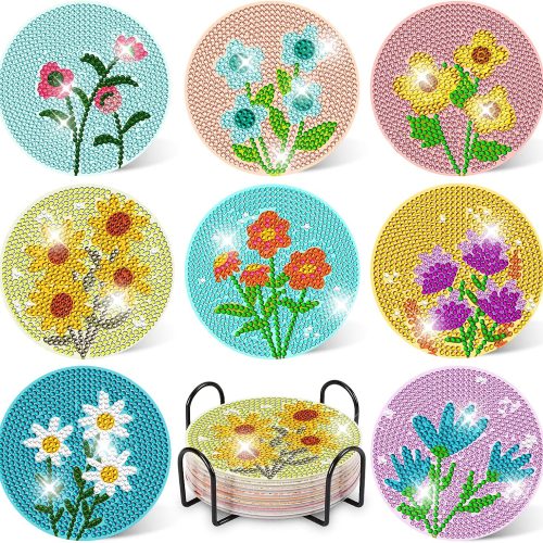1 8 Pcs Diamond Art Coasters Kit with Holder, Diamond Art Kits for Adults Beginners Small Diamond Painting Coasters, Arts and Crafts for Adults Supplies Item Sets (Flower)