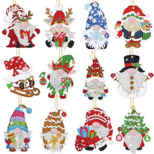 1 Christmas Diamond Painting Keychain Kit, 5D DIY Diamond Painting Art Santa Gnomes Hanging Ornament Full Drill Diamond Key Rings Pendant for Beginners Kids Adults Christmas Tree Home Decorations