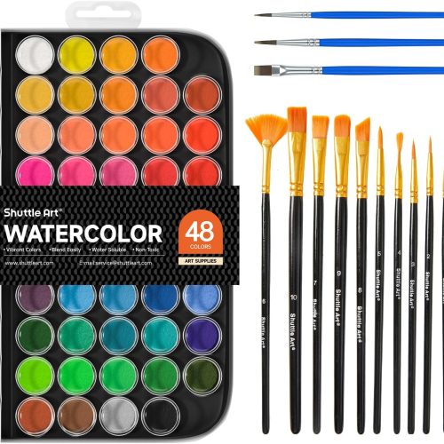 Shuttle Art 58 Pack Watercolor Paint Set, 48 Colors Watercolor Pan with 10 Paint Brushes for Beginners, Artists, Kids & Adults to Water Color Paint, Bullet Journal, Calligraphy Practice