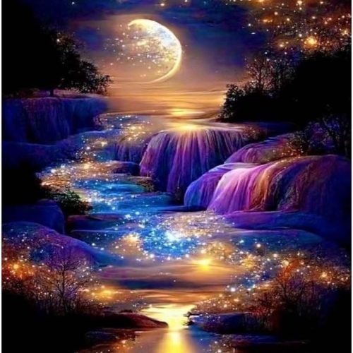 1 Waterfall Landscape Diamond Art Kits For Adults,DIY Moonlight Diamond Painting Kits For Adults Beginners,5D Full Drill Diamond Dots With Diamond Gem Art And Crafts For Home Wall Decor 12x16inch