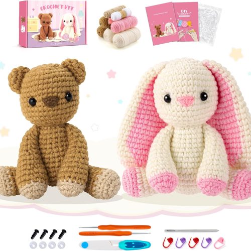 1 Crochet Kit for Beginners, Bunny and Bear Crochet Animal Kit with Step-by-Step Video Tutorials,Crocheting Kit for Starters,Beginner Crochet Kit for Adult,DIY Stuffed Animal Knitting Kit for Valentines