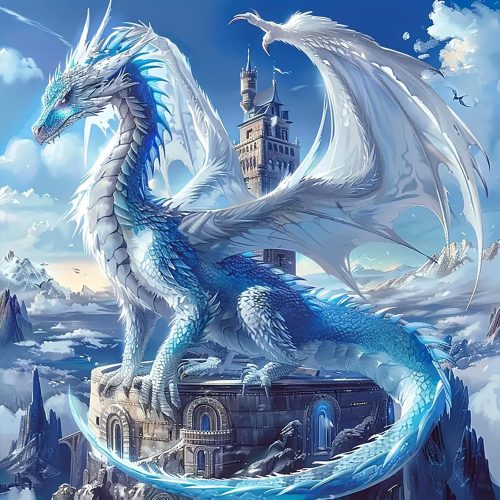 1 5D Ice Dragon Diamond Art Kits for Adults Beginners, DIY 5D Full Round Drill Diamond Painting Kits Sky King, Paint by Diamonds Dot Gem Art Crystal White Dragon Easy,Home Wall Decor 13.7 X 13.7 Inch