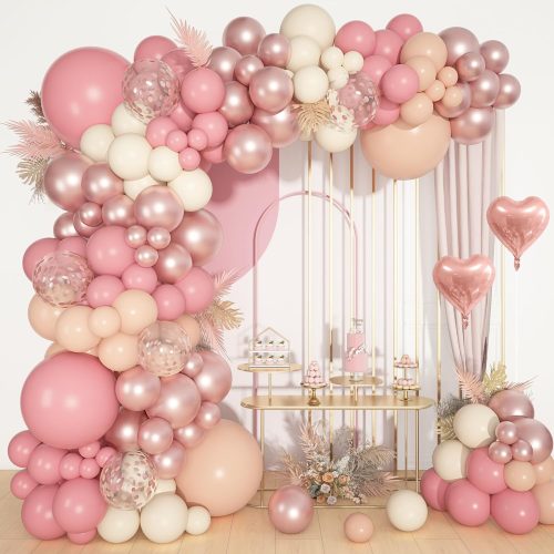1 Dusty Pink Balloons Arch Kit, Different Sizes 18 12 10 5Inch Blush Pink Rose Gold Nude Ivory Confetti Latex Heart Foil Balloon for Girls Wedding Baby Shower Boho Birthday Party Decorations