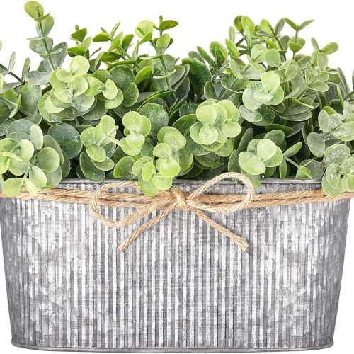 1 Artificial Eucalyptus Faux Plants Indoor for Farmhouse Home Decor Fake Potted Plants in Rustic Rectangular Pots Table Centerpiece for Office Bath Living Room Greenery Decor, 7" L x 4" H
